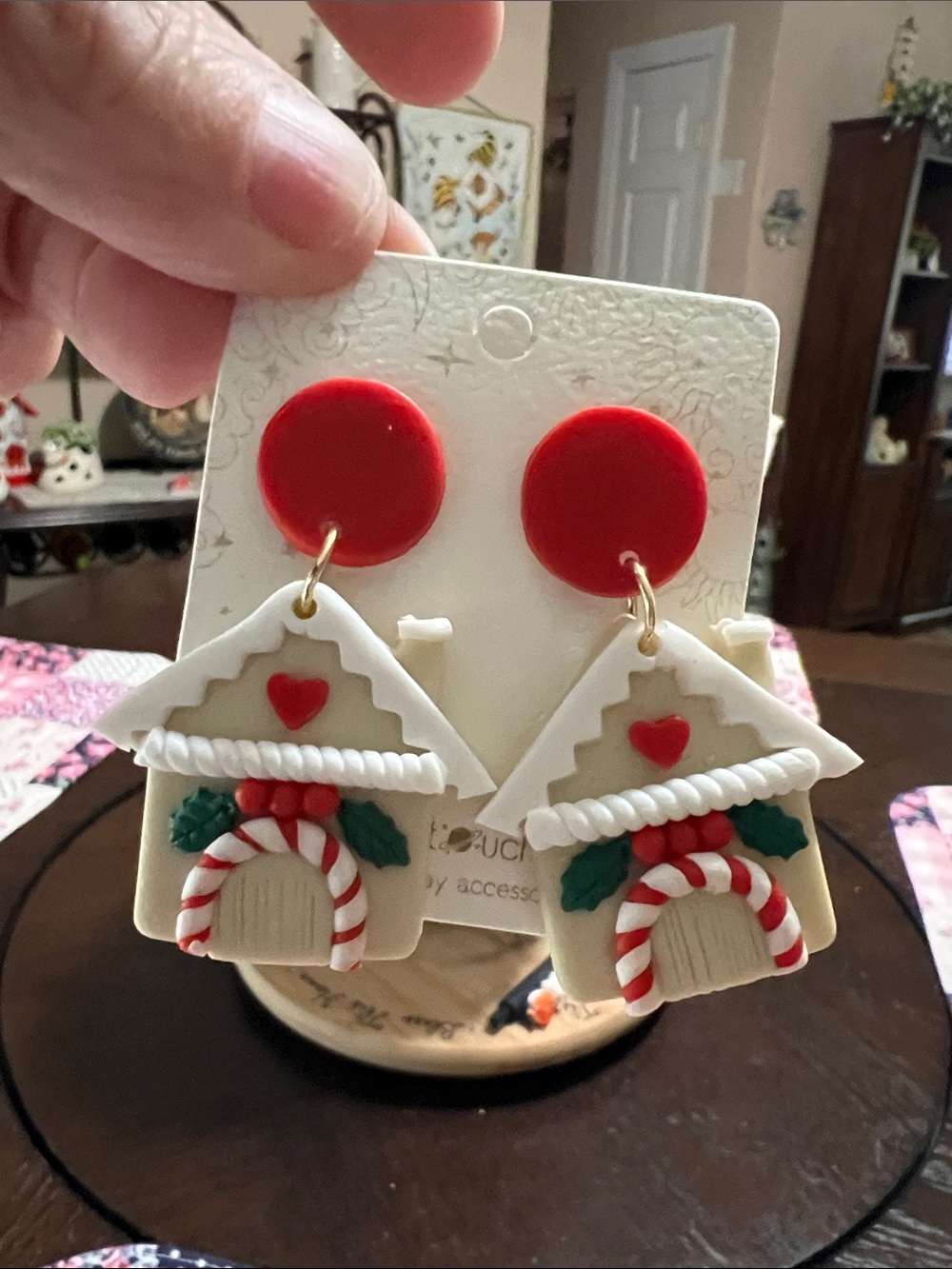 New Festive Red Gingerbread House Drop Earrings - Holiday Home Decor Accessory